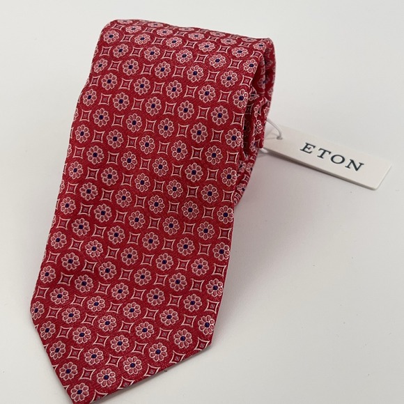 Eton Tie Mens Red Geometric‎ Floral Print 100% Silk Made In Italy Necktie NWT